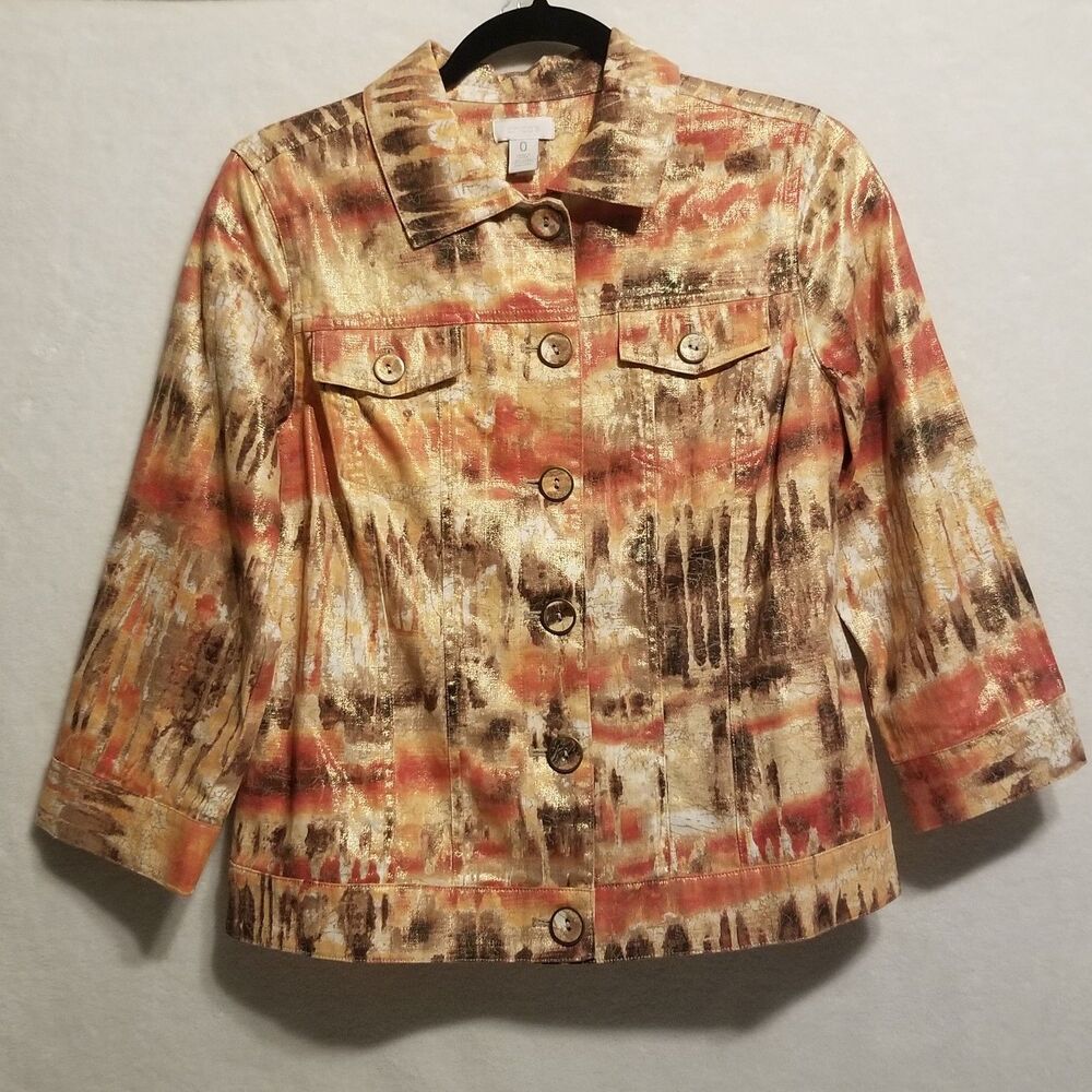 Chicos 0 (S) Shirt Jacket Shacket Button Up 3/4 Sleeve Linen Blend Multicolor